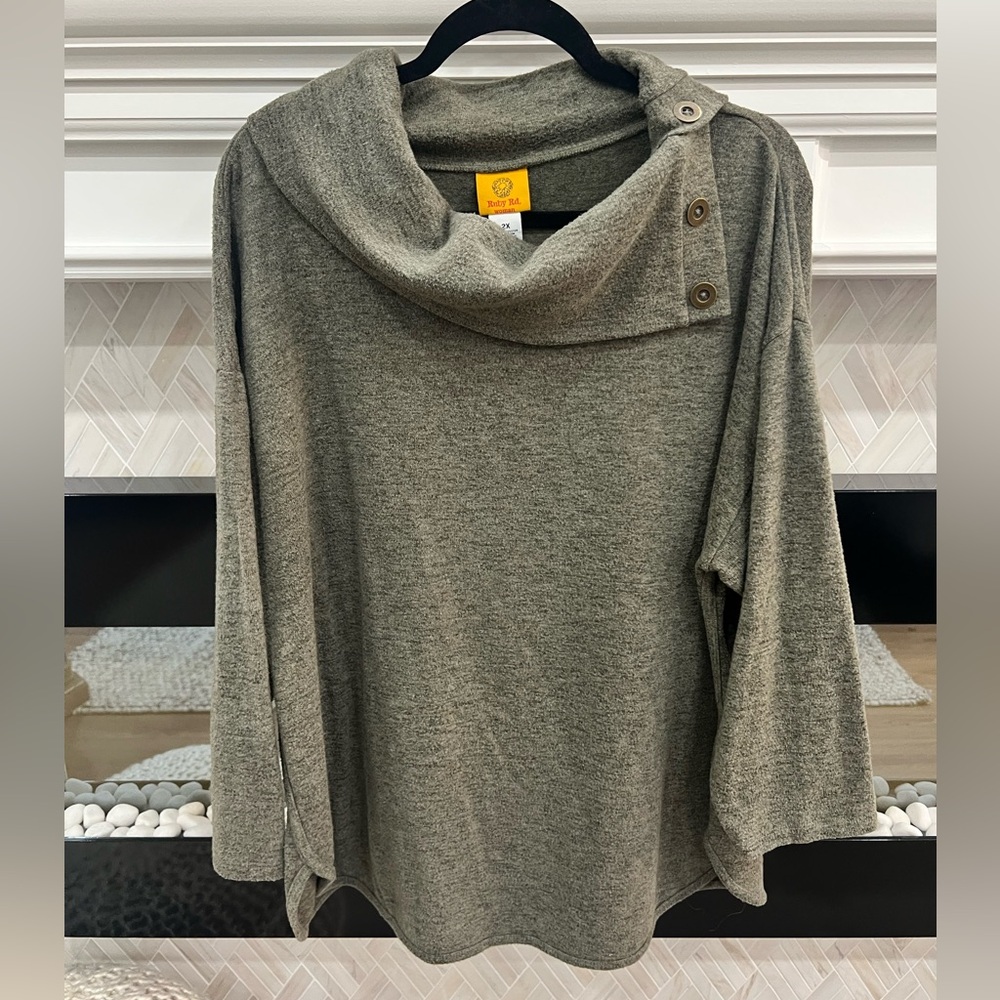 Ruby Rd. Heathered Olive Cowl Neck Soft Knit Sweater with Button Details 2X